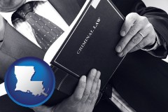louisiana map icon and an attorney reading a criminal law book