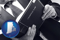 rhode-island map icon and an attorney reading a criminal law book