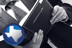 texas map icon and an attorney reading a criminal law book