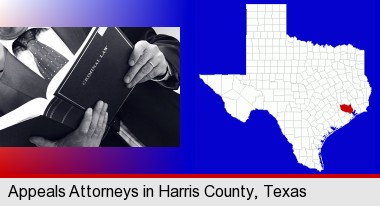 an attorney reading a criminal law book; Harris County highlighted in red on a map