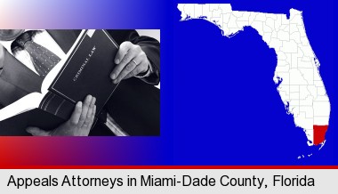 an attorney reading a criminal law book; Miami-Dade County highlighted in red on a map