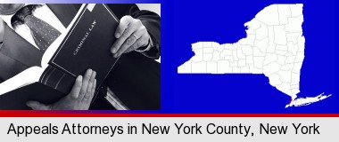 an attorney reading a criminal law book; New York County highlighted in red on a map